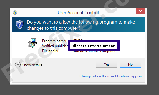 Screenshot where Blizzard Entertainment appears as the verified publisher in the UAC dialog